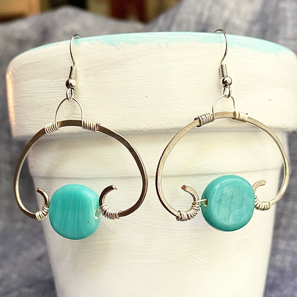 Handcrafted Wire Wrapped Hoop Earrings with Turquoise Bead